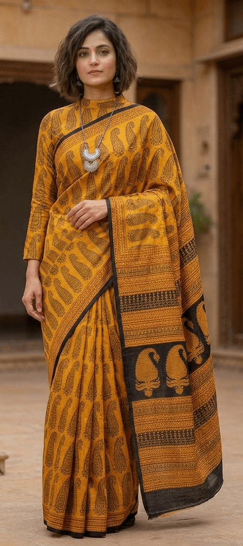 URVA'S Bagh  Pure Mulberry Silk Saree Mustard
