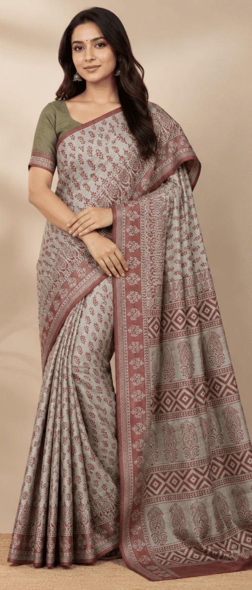 URVA'S Bagh  Pure Tusaar Silk Saree Khaki