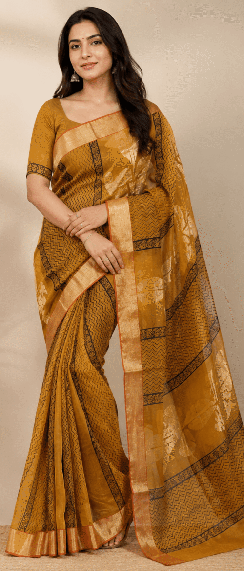 URVA'S Bagh Chanderi Cotton Silk Saree Mustard