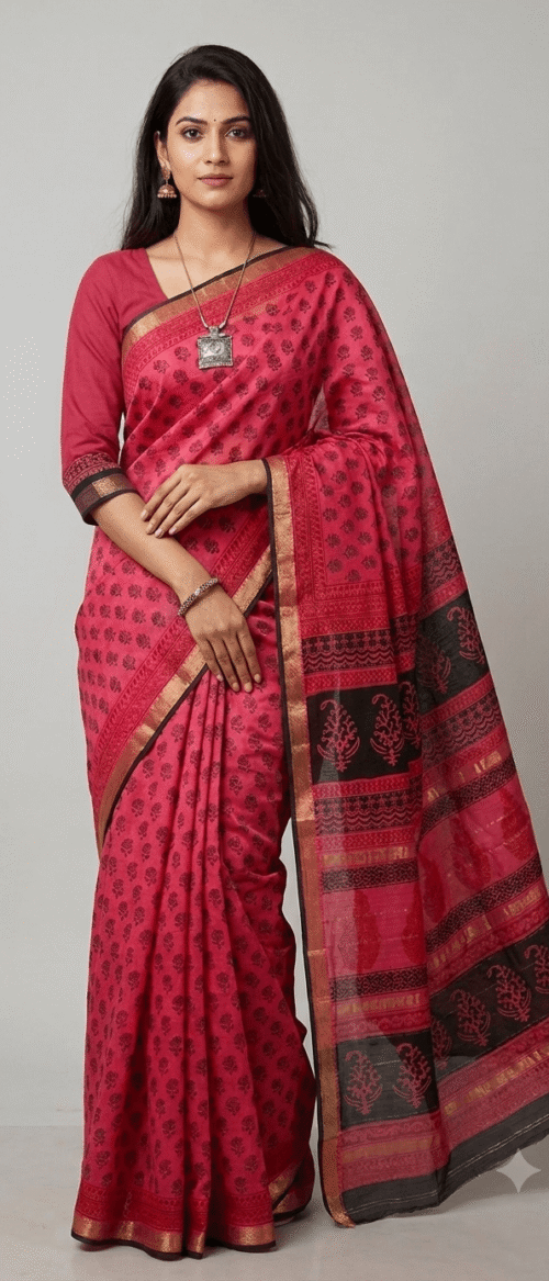 URVA'S Hand Bagh Maheshwari Cotton Silk Shade of Pink