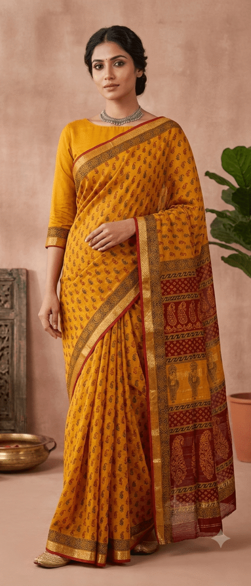 URVA'S  Bagh Maheshwari Cotton Silk Saree Mustard