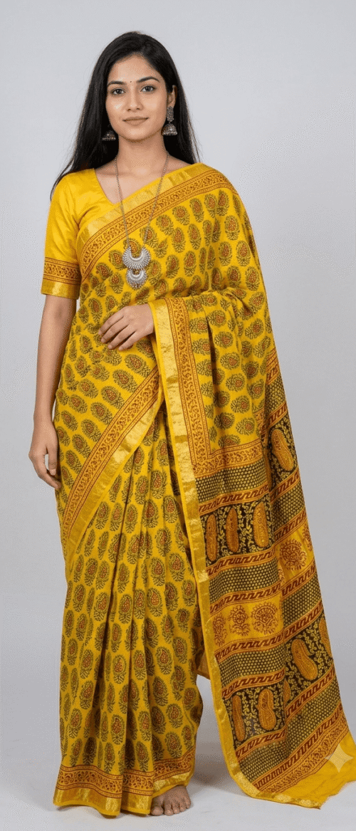 URVA'S  Bagh Maheshwari Cotton Silk Saree Yellow