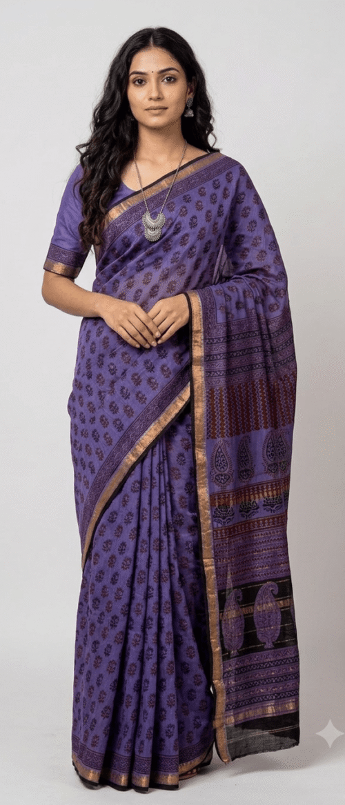 URVA'S  Bagh Maheshwari Cotton Silk Saree Indigo