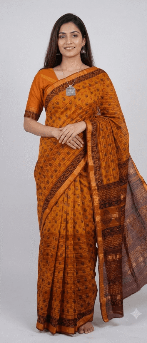 URVA'S  Bagh Maheshwari Cotton Silk Saree Mustard