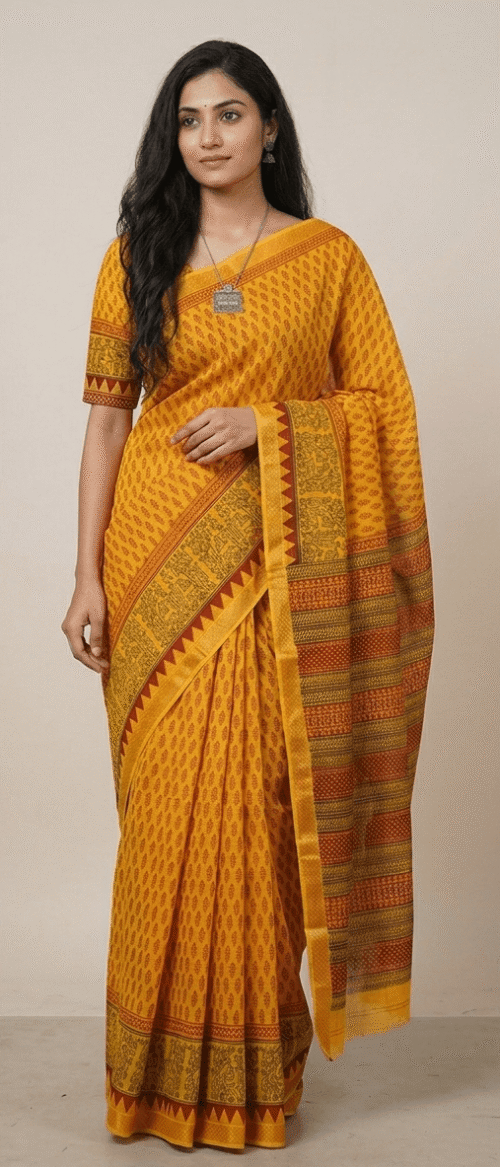 URVA'S  Bagh Maheshwari Cotton Silk Saree Yellow