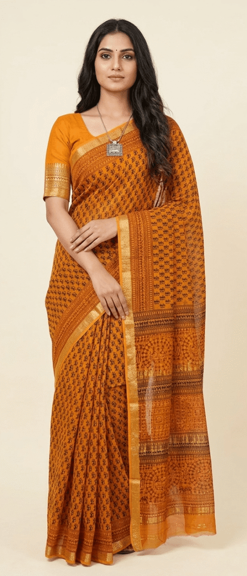 URVA'S Bagh Maheshwari Cotton Silk Saree Mustard