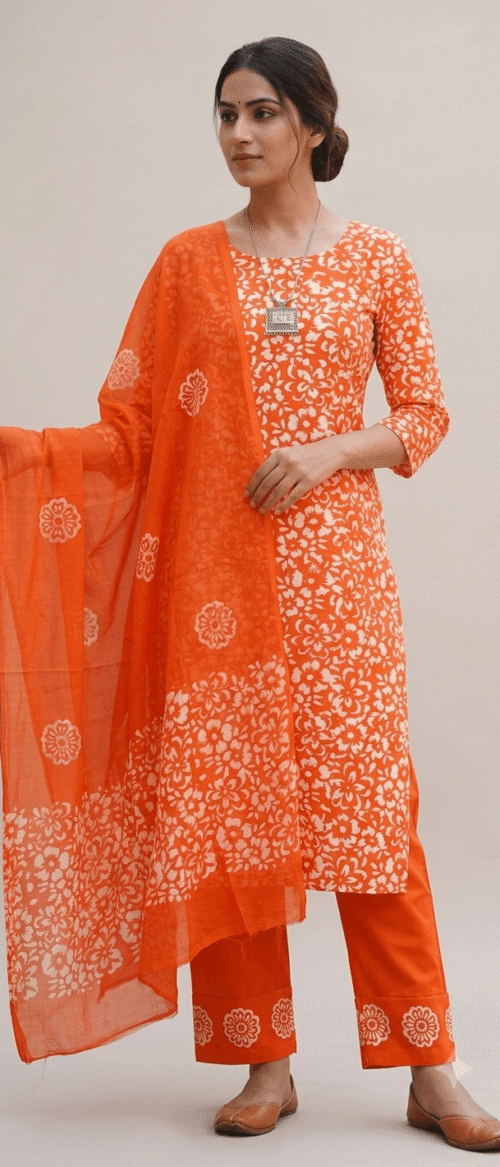 Batik Suit  3 Piece Dress Material Orange